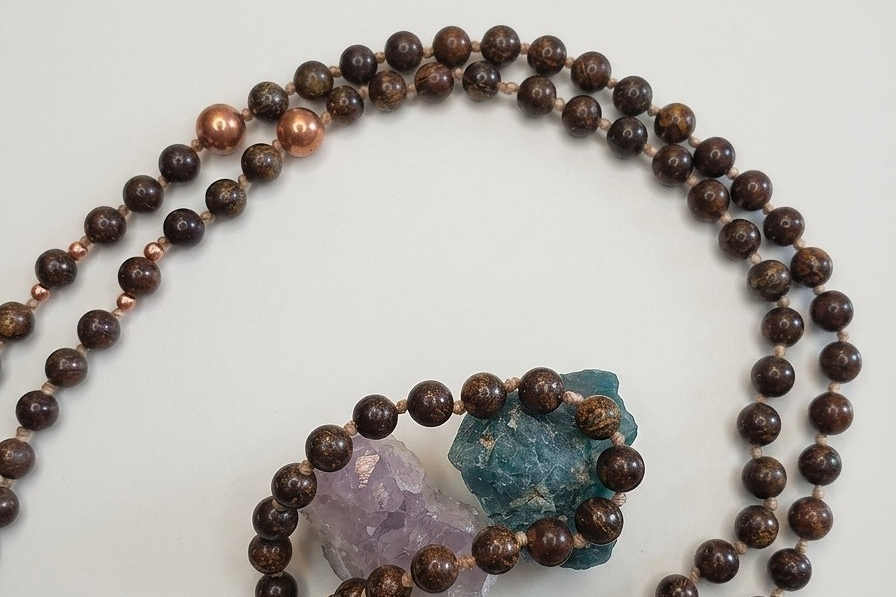 Mala in Bronzite, pietra guru in Bronzite, rame