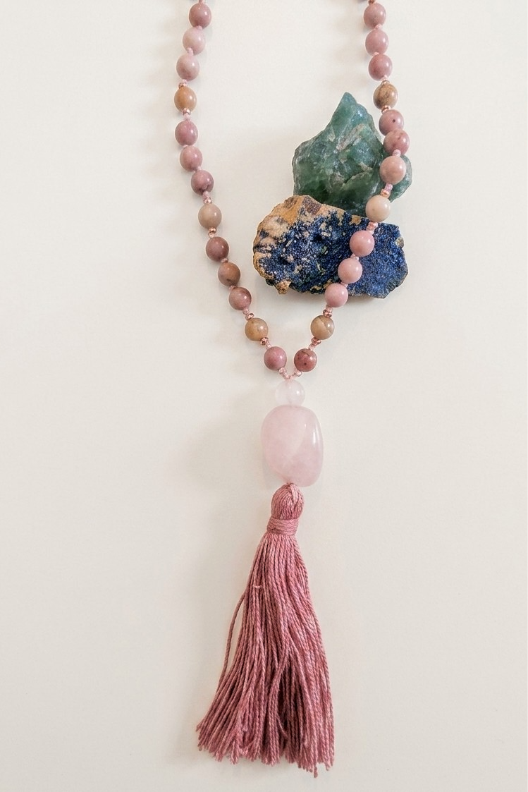 Mala 108 in Rodonite, Pietra Guru Quarzo rosa e Rame