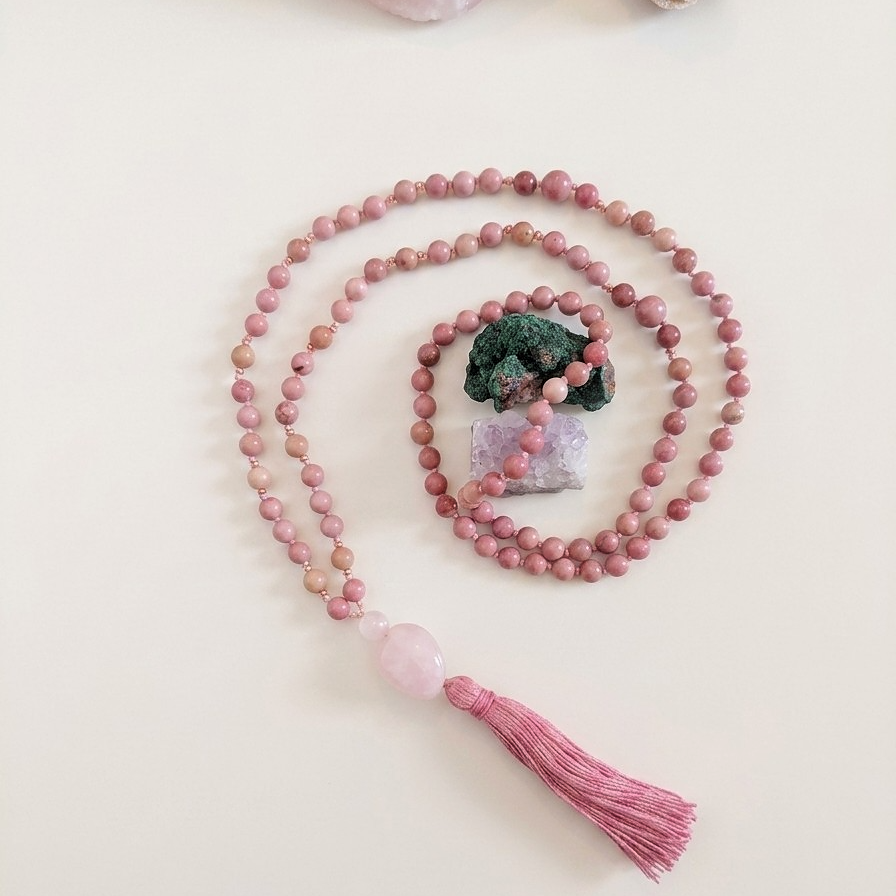 Mala 108 in Rodonite, Pietra Guru Quarzo rosa e Rame