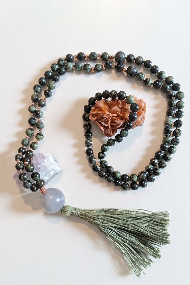 Mala in Diaspro Kambaba, Pietra guru Agata grigia, Rame