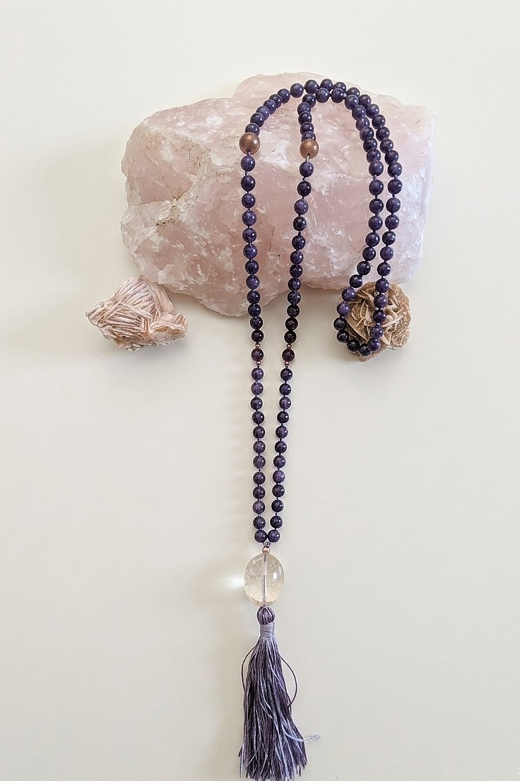 Mala collana da meditazione in Ciaroite , Pietra Guru Quarzo ialino, rame