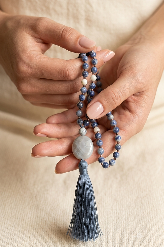 Mala in Sodalite, Pietra Guru Agata botswana, Rame