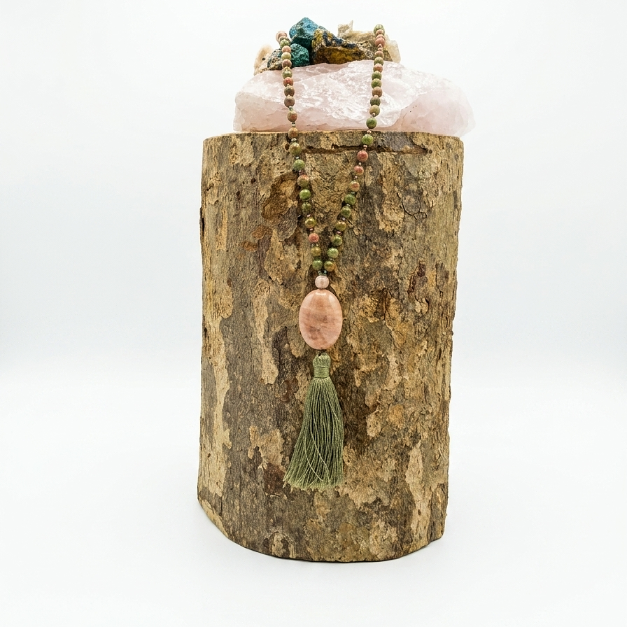 Mala 108 perle in Unakite, Pietra di luna,, Pietra Guru Calcite e Rame