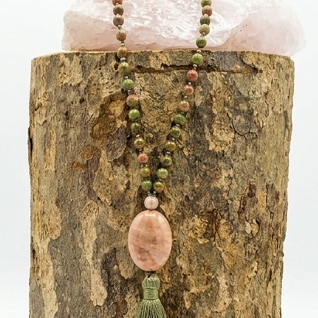 Mala 108 perle in Unakite, Pietra di luna,, Pietra Guru Calcite e Rame