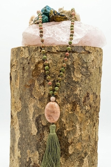 Mala 108 perle in Unakite, Pietra di luna,, Pietra Guru Calcite e Rame