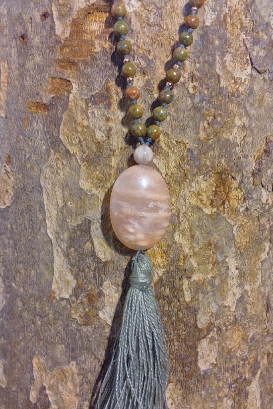 Mala 108 perle in Unakite, Pietra di luna,, Pietra Guru Calcite e Rame