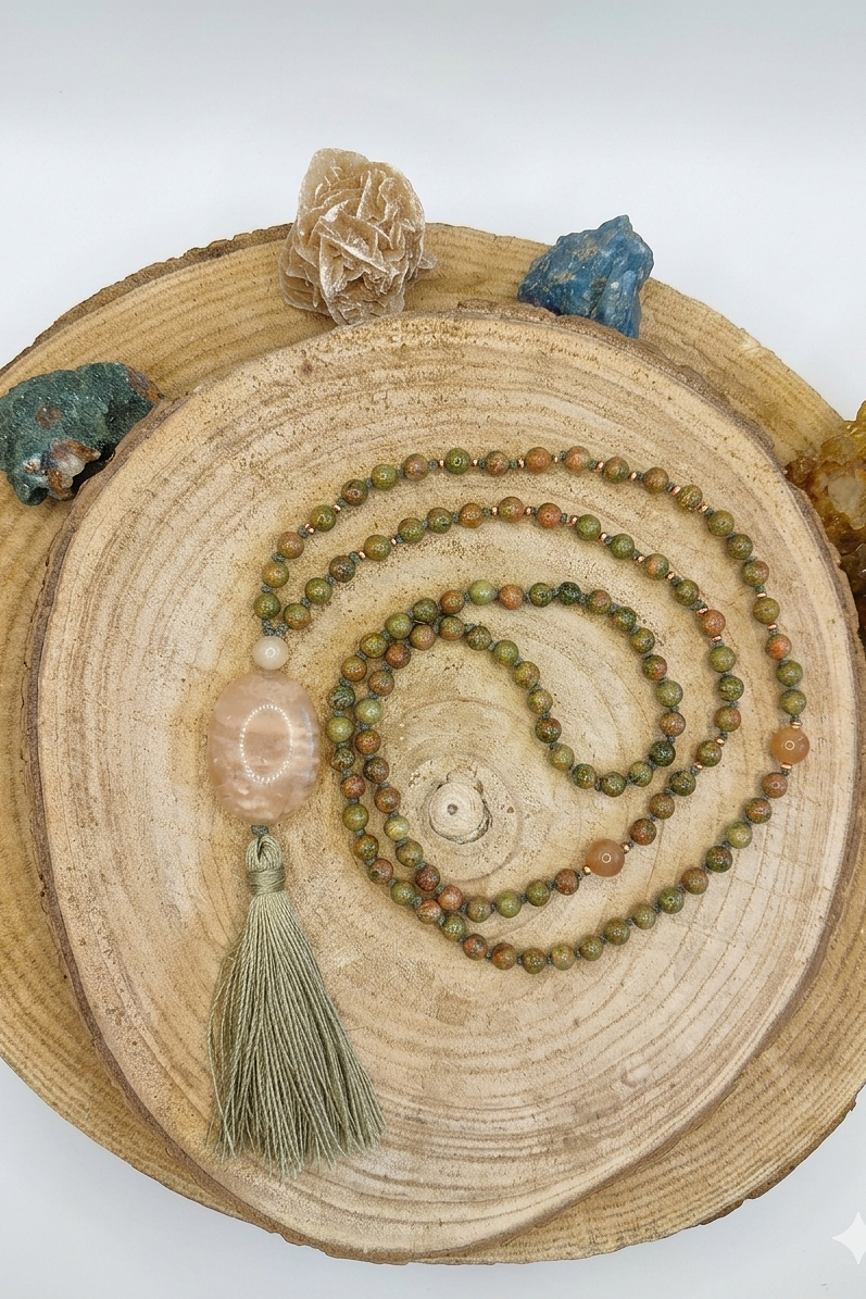Mala 108 perle in Unakite, Pietra di luna,, Pietra Guru Calcite e Rame