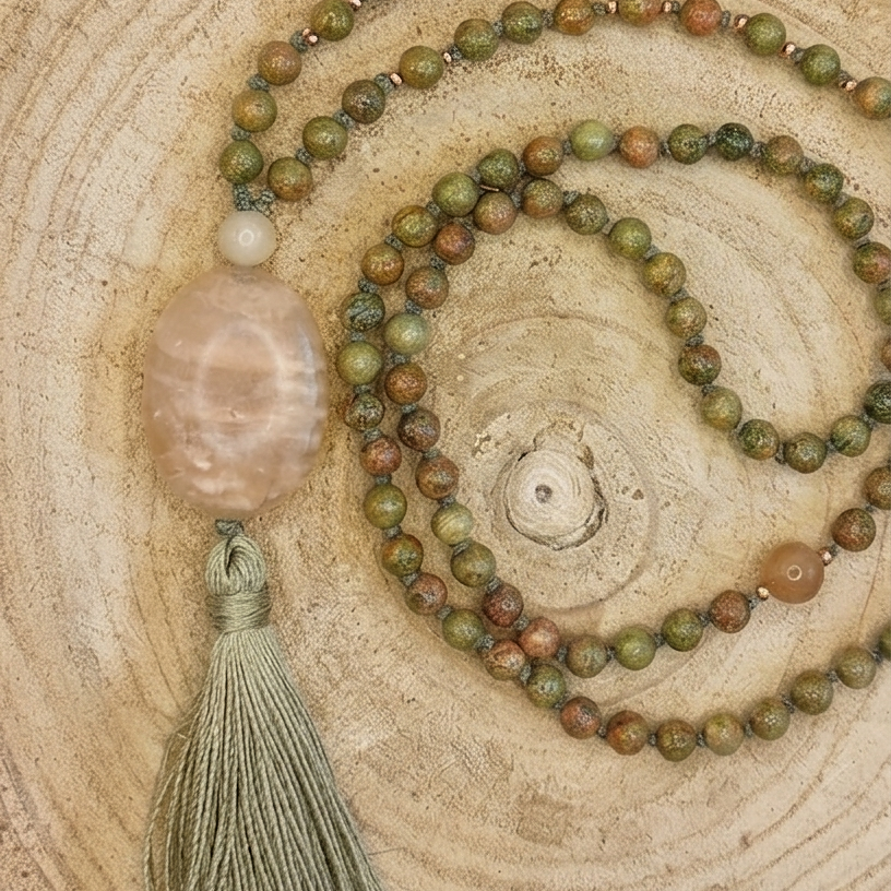 Mala 108 perle in Unakite, Pietra di luna,, Pietra Guru Calcite e Rame