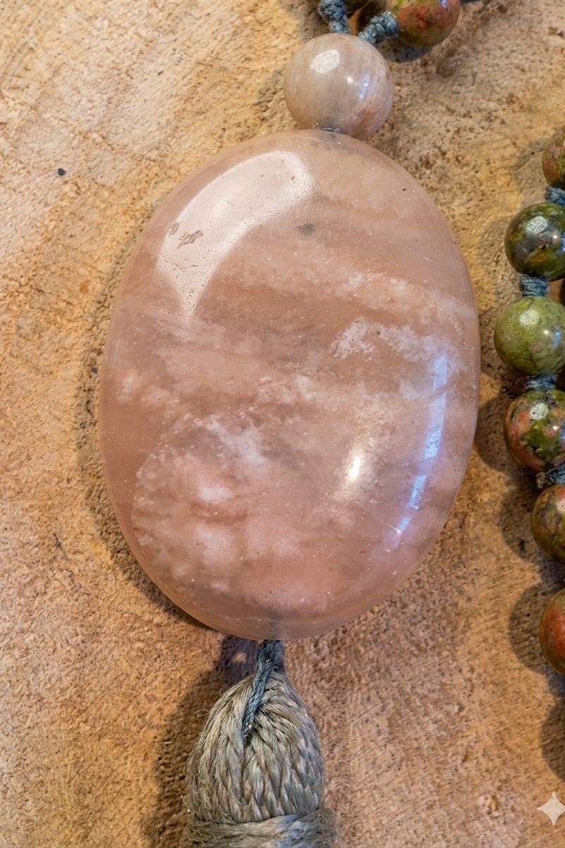 Mala 108 perle in Unakite, Pietra di luna,, Pietra Guru Calcite e Rame