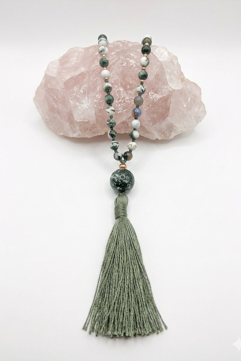 Mala 108 in Agata albero, Pietra guru Agata albero, Rame