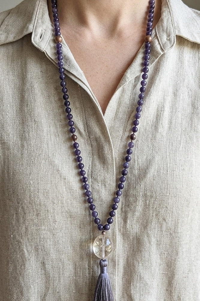 Mala collana da meditazione in Ciaroite , Pietra Guru Quarzo ialino, rame