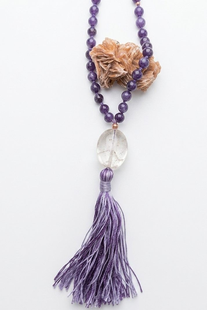 Mala collana da meditazione in Ciaroite , Pietra Guru Quarzo ialino, rame