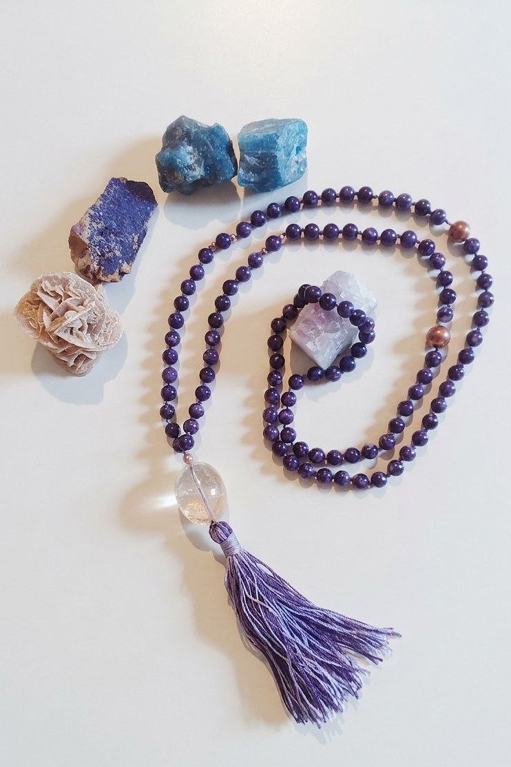 Mala collana da meditazione in Ciaroite , Pietra Guru Quarzo ialino, rame