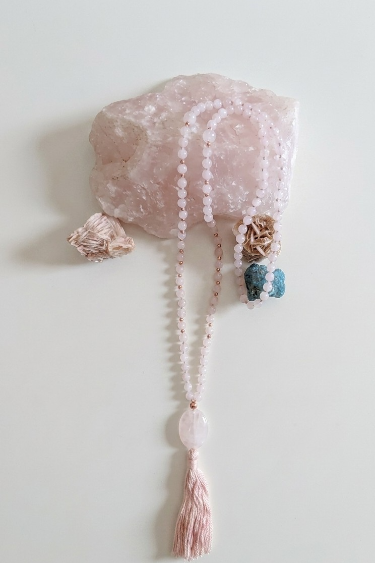 Mala in Quarzo rosa, Pietra Guru Quarzo rosa, Rame