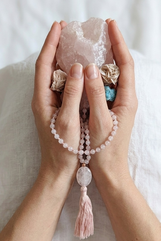 Mala in Quarzo rosa, Pietra Guru Quarzo rosa, Rame