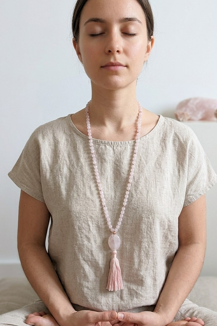 Mala in Quarzo rosa, Pietra Guru Quarzo rosa, Rame