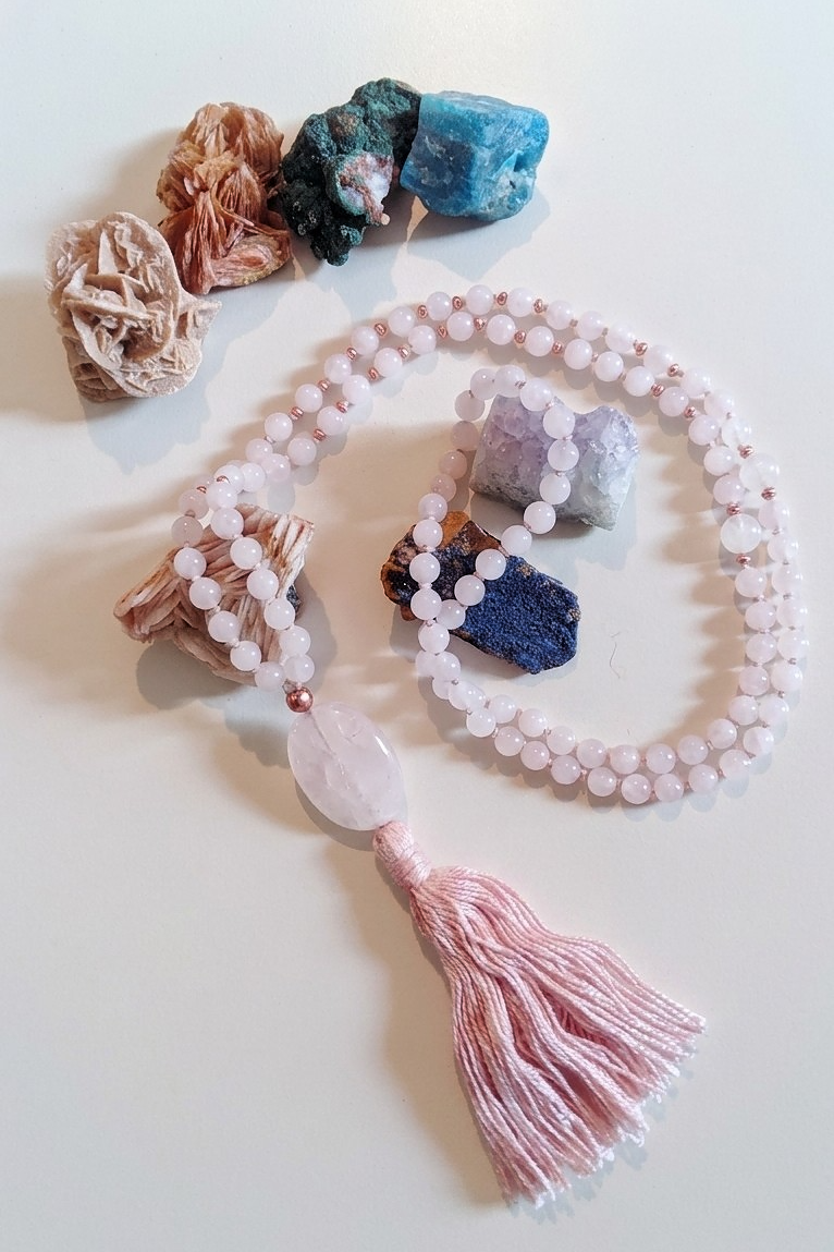 Mala in Quarzo rosa, Pietra Guru Quarzo rosa, Rame