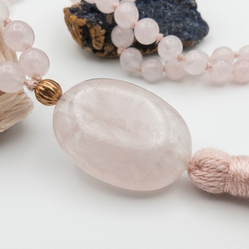 Mala in Quarzo rosa, Pietra Guru Quarzo rosa, Rame