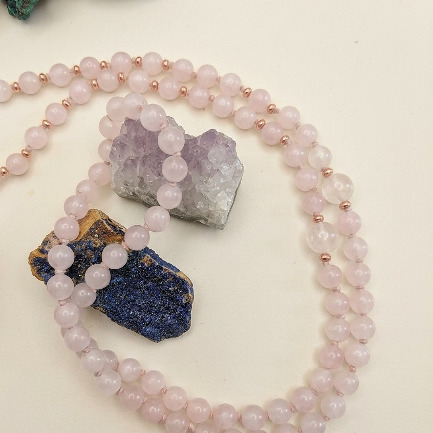 Mala in Quarzo rosa, Pietra Guru Quarzo rosa, Rame