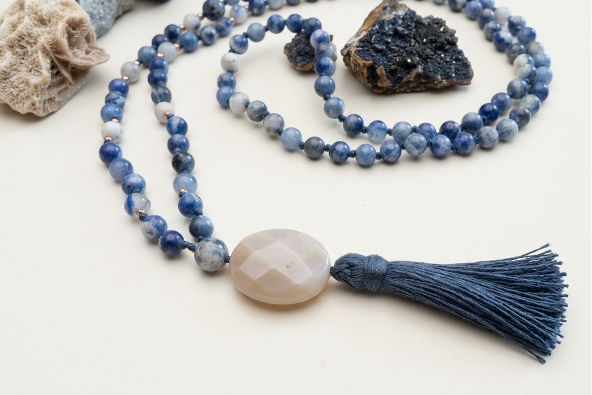 Mala in Sodalite, Pietra Guru Agata botswana, Rame