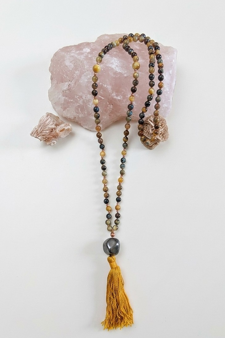Mala con pietre dure naturali di Occhio di falco, Pietra guru Labradorite, Rame