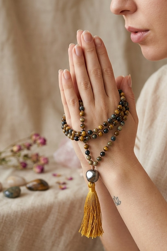 Mala con pietre dure naturali di Occhio di falco, Pietra guru Labradorite, Rame