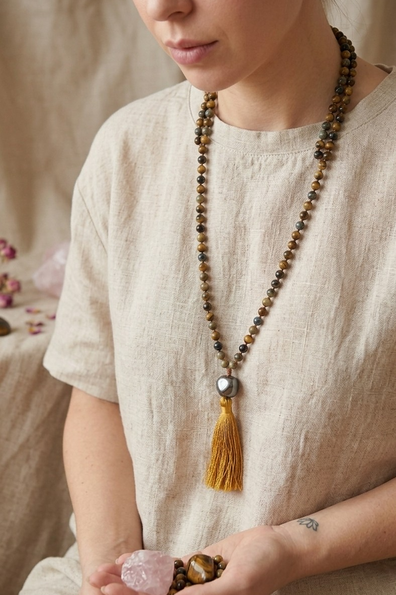 Mala con pietre dure naturali di Occhio di falco, Pietra guru Labradorite, Rame