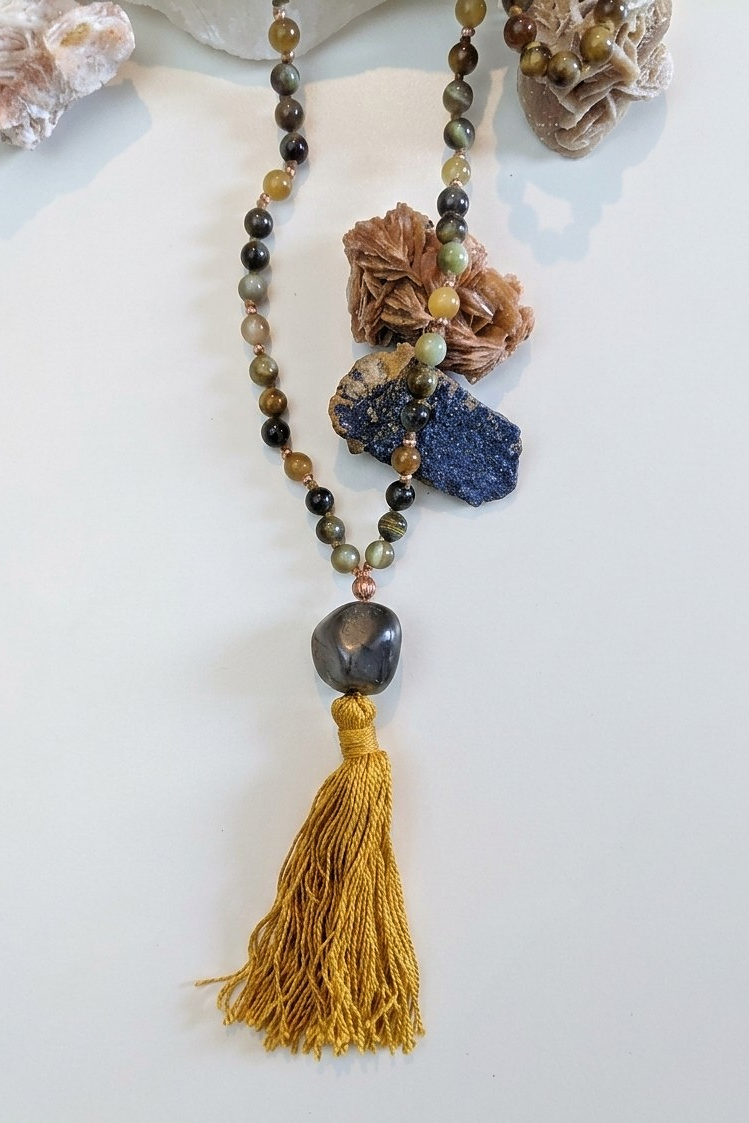 Mala con pietre dure naturali di Occhio di falco, Pietra guru Labradorite, Rame