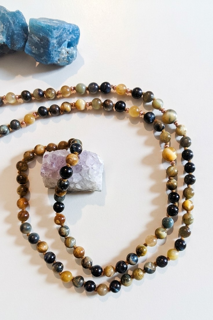 Mala con pietre dure naturali di Occhio di falco, Pietra guru Labradorite, Rame