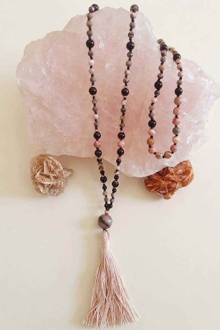 Mala artigianale con pietre naturali di Rodocrosite, Onice, Pietra Guru Lepidolite, Rame
