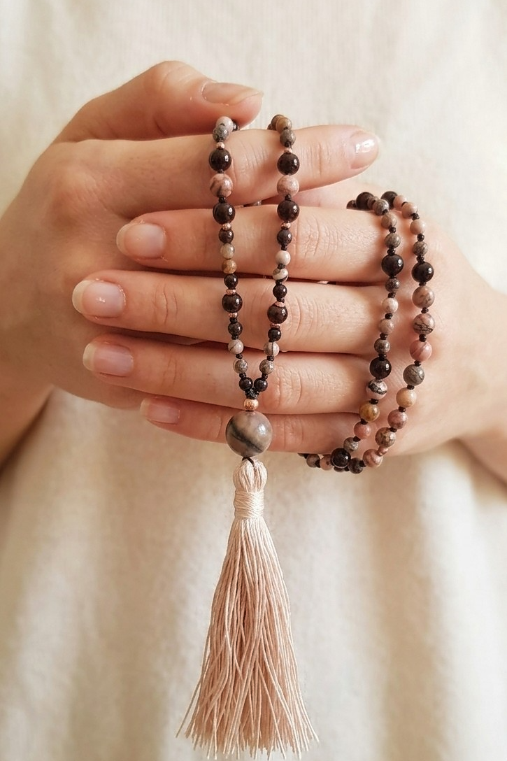 Mala artigianale con pietre naturali di Rodocrosite, Onice, Pietra Guru Lepidolite, Rame