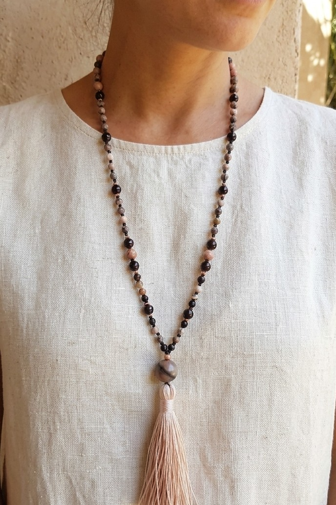 Mala artigianale con pietre naturali di Rodocrosite, Onice, Pietra Guru Lepidolite, Rame