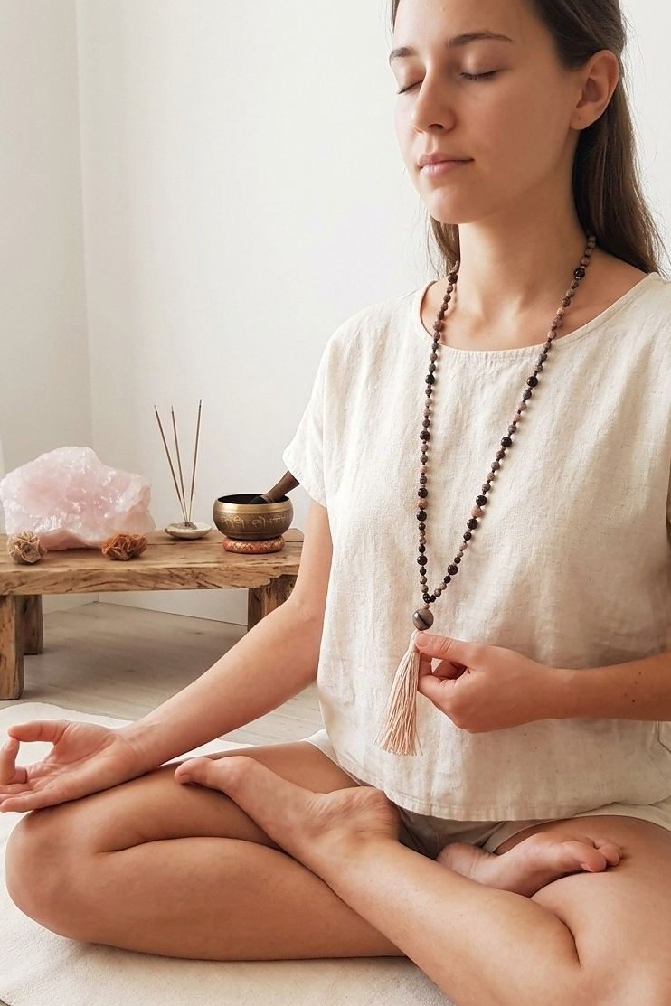 Mala artigianale con pietre naturali di Rodocrosite, Onice, Pietra Guru Lepidolite, Rame