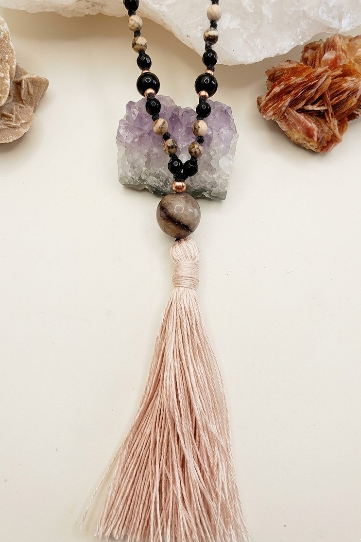 Mala artigianale con pietre naturali di Rodocrosite, Onice, Pietra Guru Lepidolite, Rame