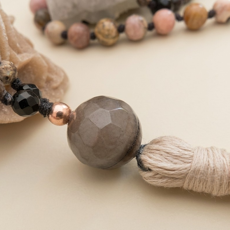 Mala artigianale con pietre naturali di Rodocrosite, Onice, Pietra Guru Lepidolite, Rame