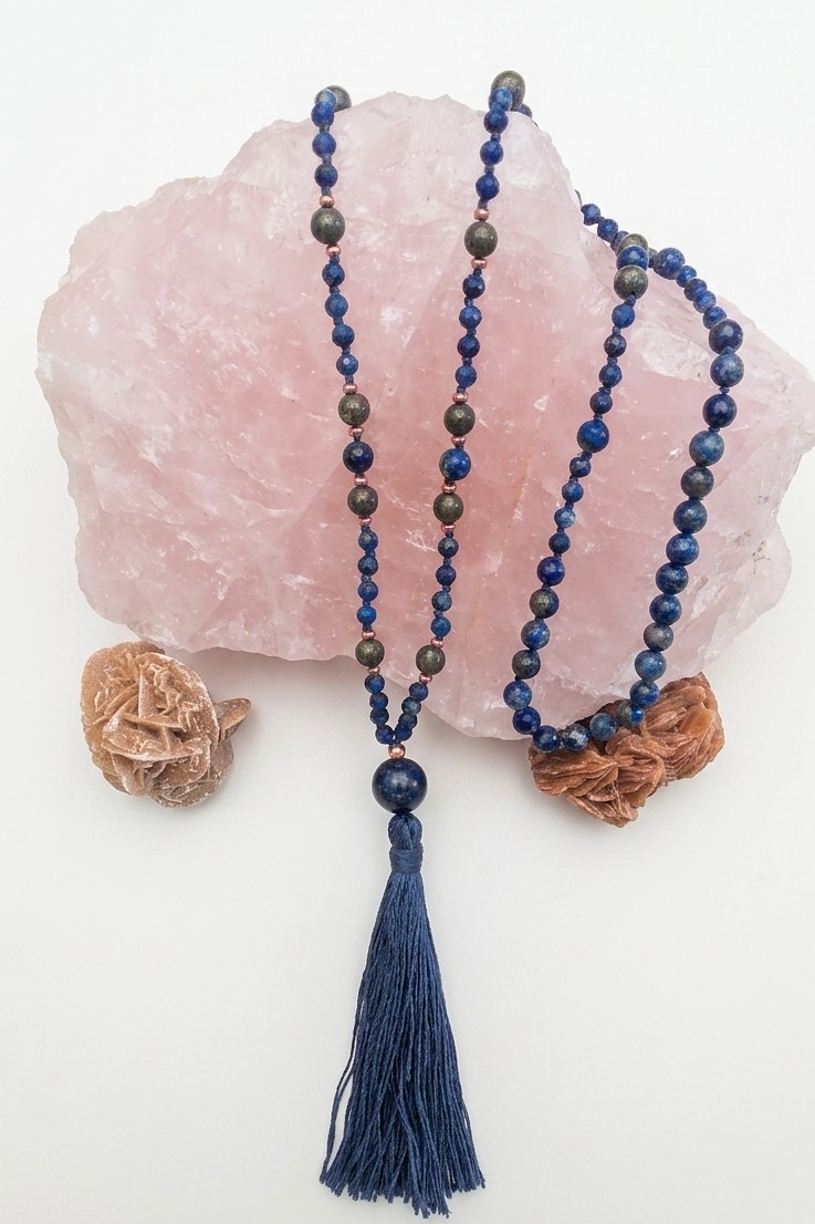 Mala per meditare in Lapislazzuli, Pirite, Pietra Guru Lapislazzuli, Rame