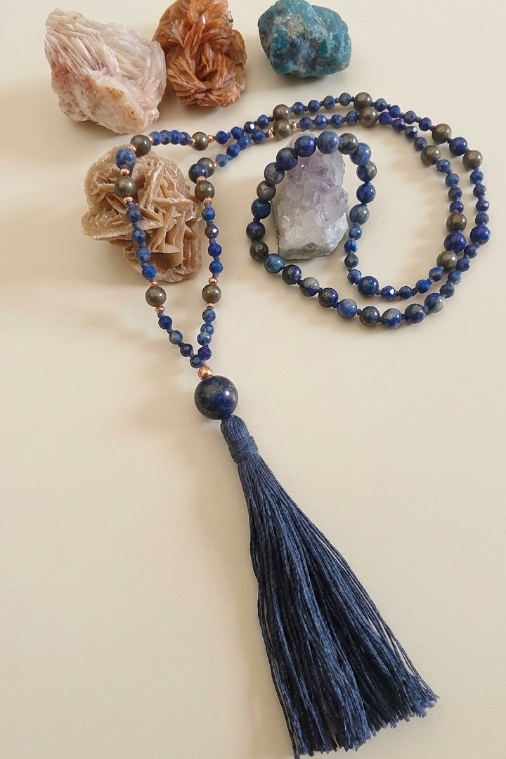 Mala per meditare in Lapislazzuli, Pirite, Pietra Guru Lapislazzuli, Rame