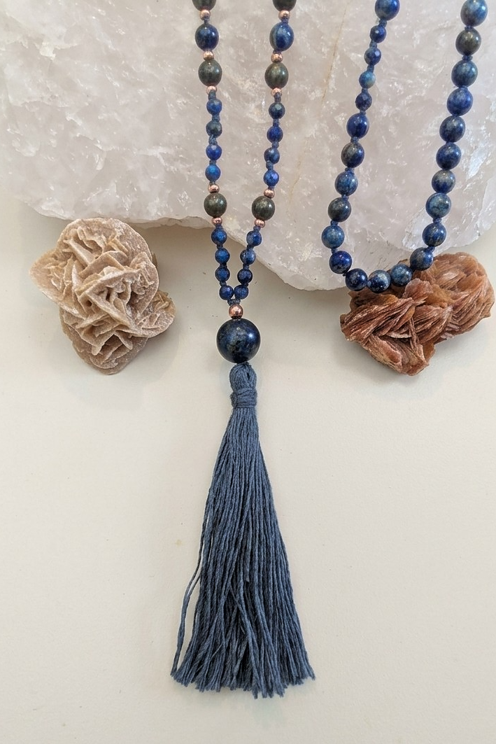 Mala per meditare in Lapislazzuli, Pirite, Pietra Guru Lapislazzuli, Rame