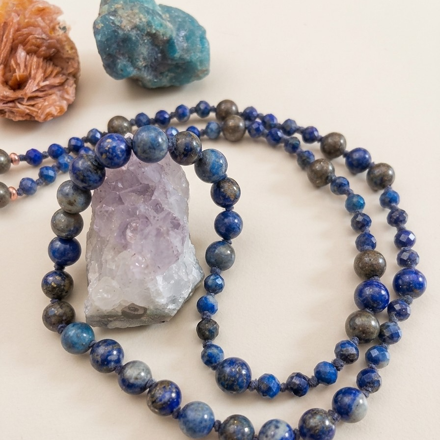 Mala per meditare in Lapislazzuli, Pirite, Pietra Guru Lapislazzuli, Rame
