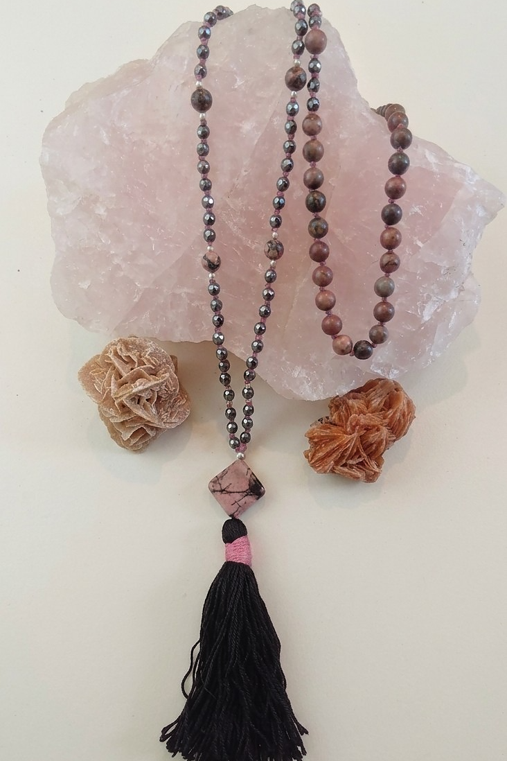 Mala 108 perle di Rodonite pizzo e Ematite, Pietra Guru Rodonite pizzo, Argento 925