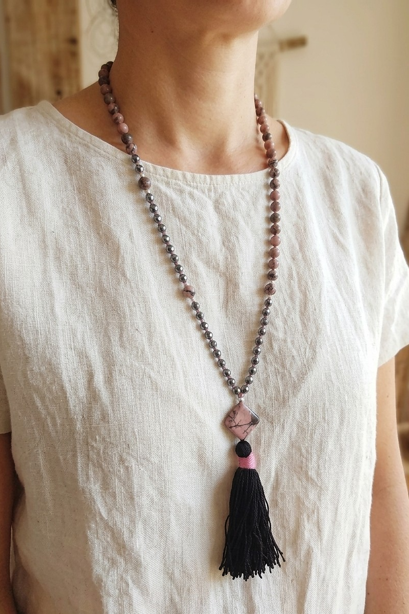Mala 108 perle di Rodonite pizzo e Ematite, Pietra Guru Rodonite pizzo, Argento 925