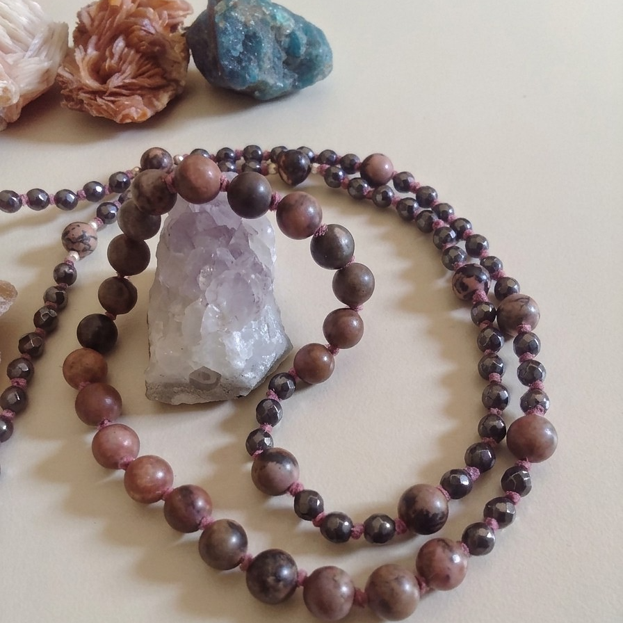 Mala 108 perle di Rodonite pizzo e Ematite, Pietra Guru Rodonite pizzo, Argento 925