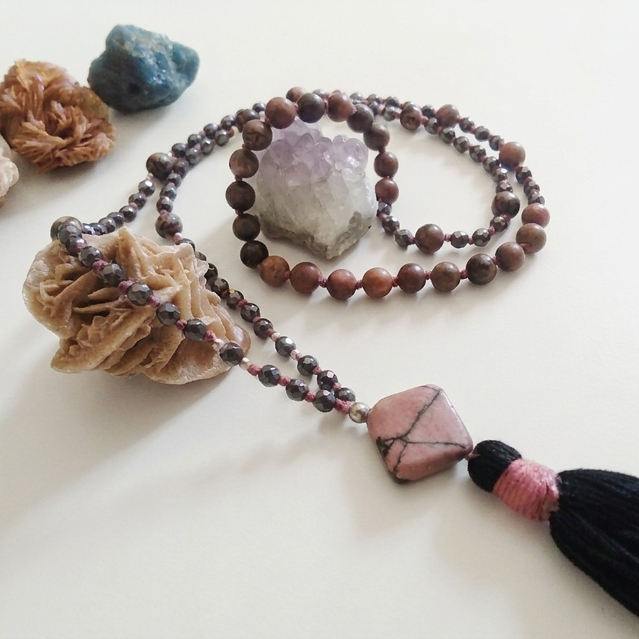 Mala 108 perle di Rodonite pizzo e Ematite, Pietra Guru Rodonite pizzo, Argento 925