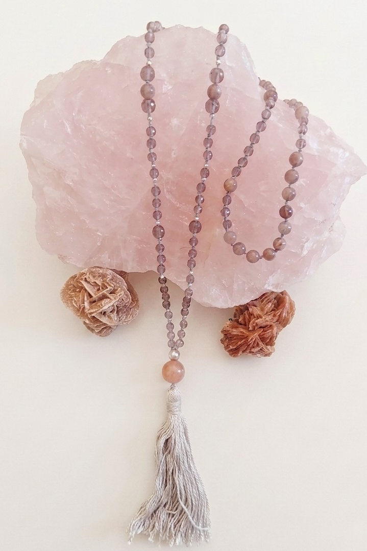 Mala da meditazione 108 Quarzo Fumè, Pietra di luna pesca, pietra guru Pietra di luna pesca, Argento 925