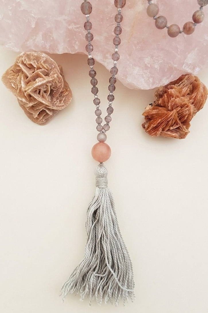 Mala da meditazione 108 Quarzo Fumè, Pietra di luna pesca, pietra guru Pietra di luna pesca, Argento 925