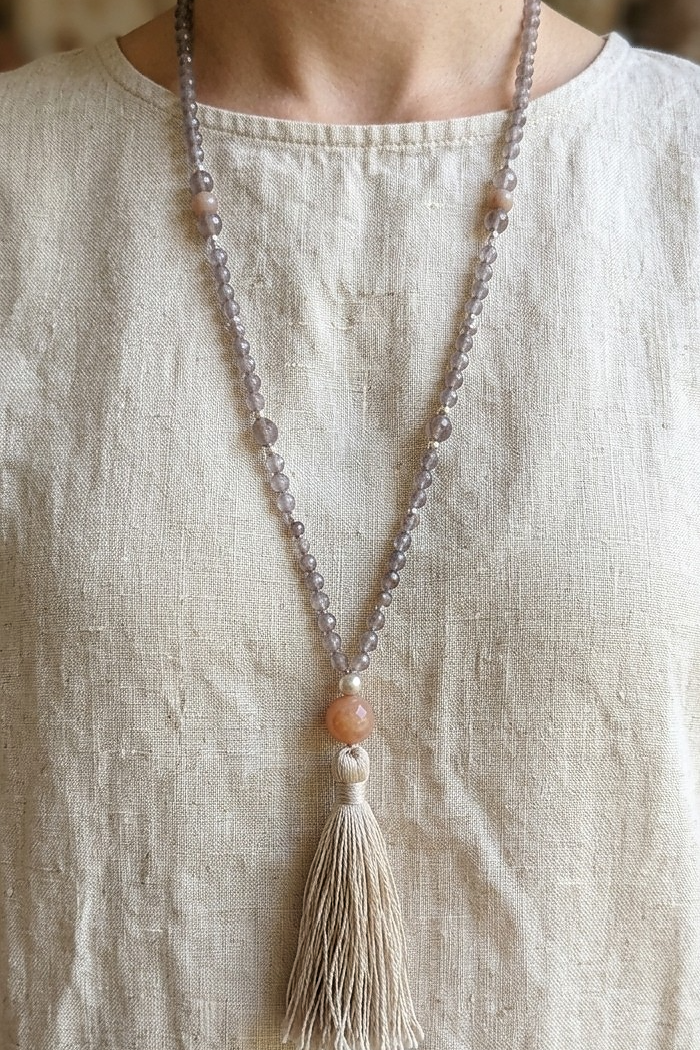Mala da meditazione 108 Quarzo Fumè, Pietra di luna pesca, pietra guru Pietra di luna pesca, Argento 925