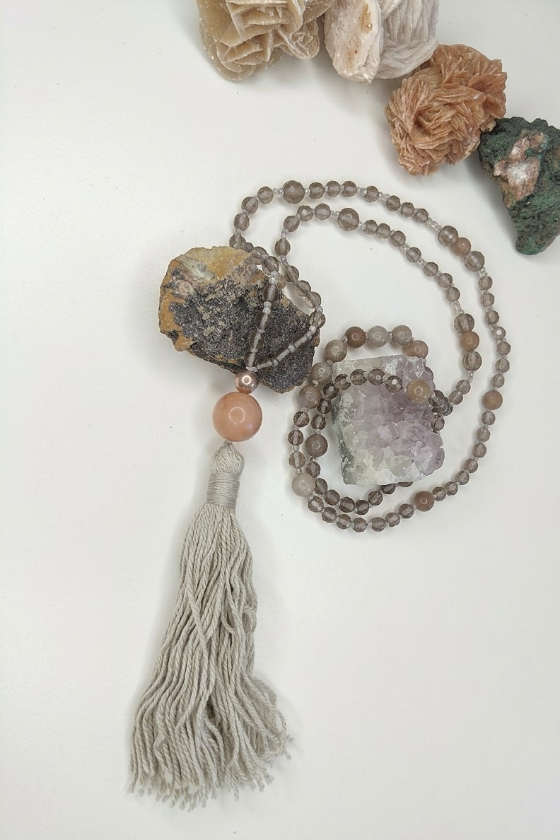 Mala da meditazione 108 Quarzo Fumè, Pietra di luna pesca, pietra guru Pietra di luna pesca, Argento 925