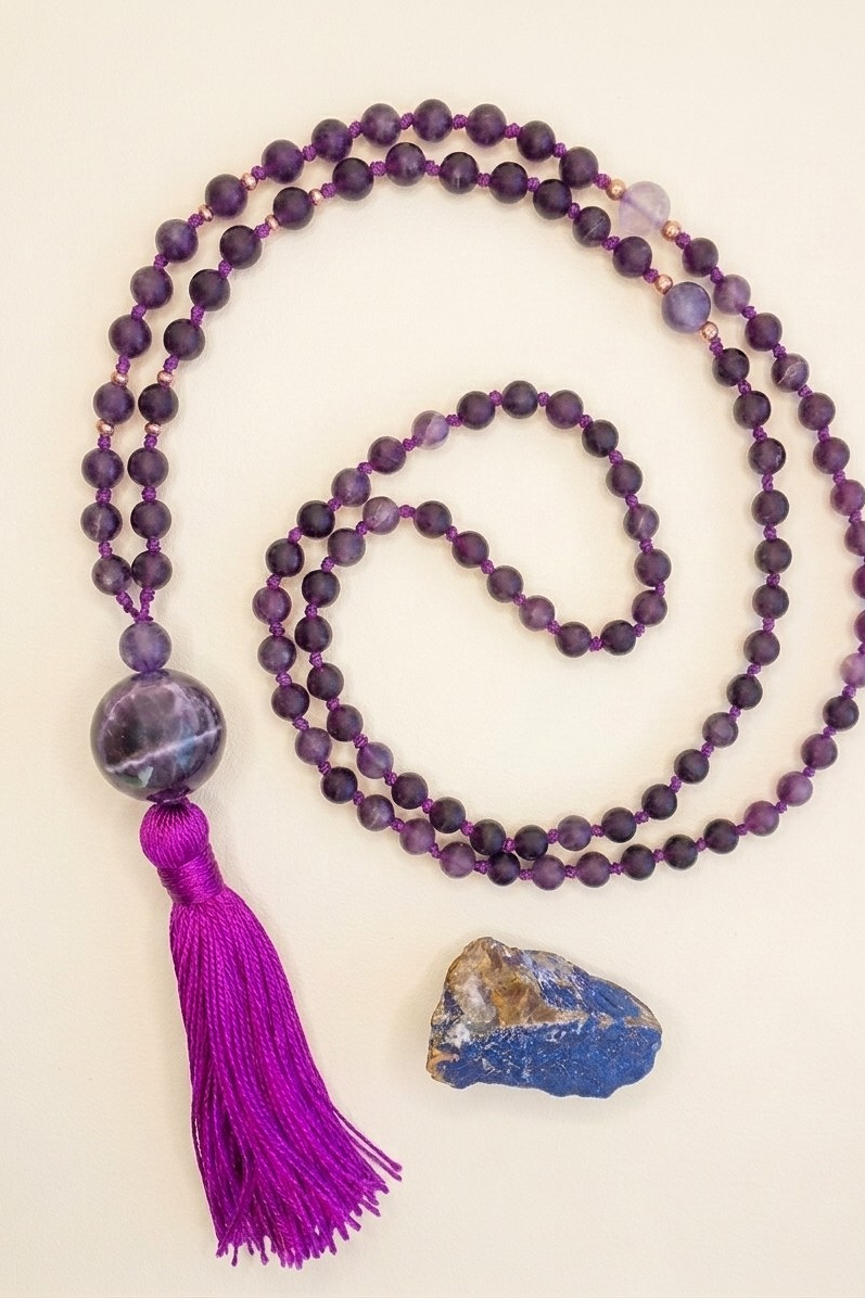 Mala da meditazione in Ametista, Pietra Guru Ametista e Rame