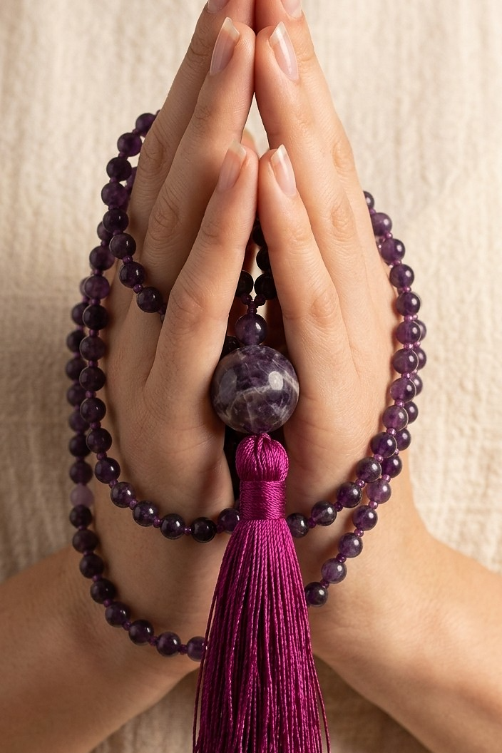 Mala da meditazione in Ametista, Pietra Guru Ametista e Rame