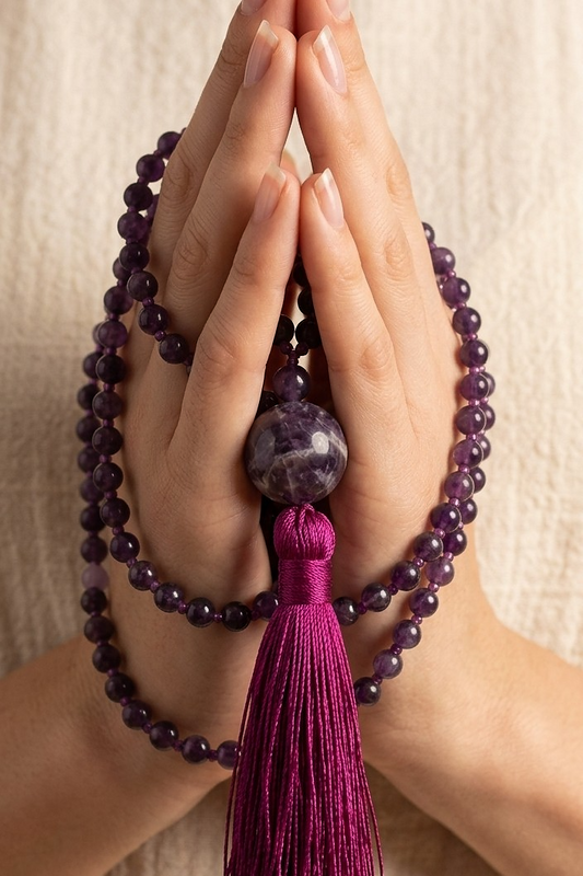Mala da meditazione in Ametista, Pietra Guru Ametista e Rame